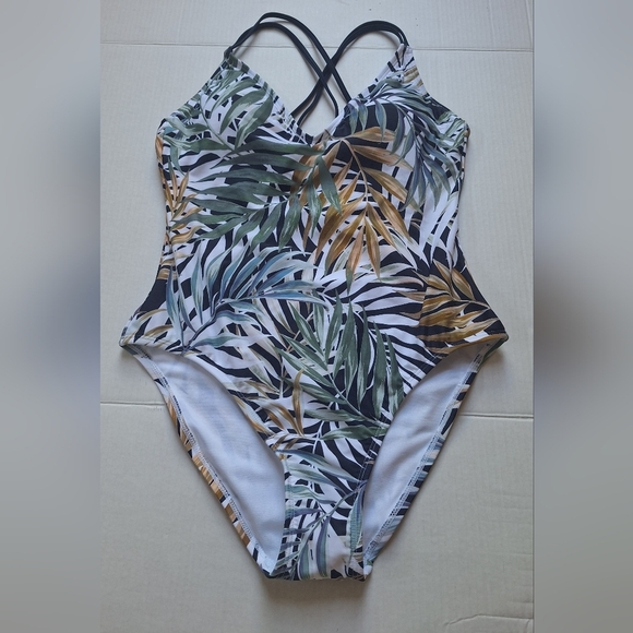 NWOT Hurley Womens One Piece Palm Print Swimsuit Criss Cross Straps Size L - Picture 2 of 10